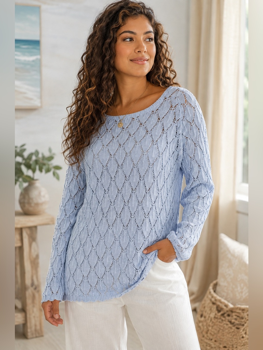 Soft Surroundings XL Blue Cotton Open Knit Pointelle Sweater Boho Coastal